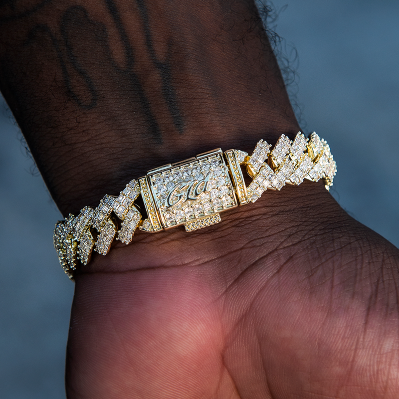 12MM Prong Baguette Cuban Bracelet - Gold