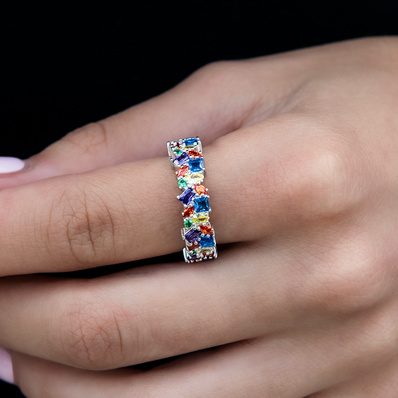 Multicolor Gemstone Ring - White Gold Vermeil