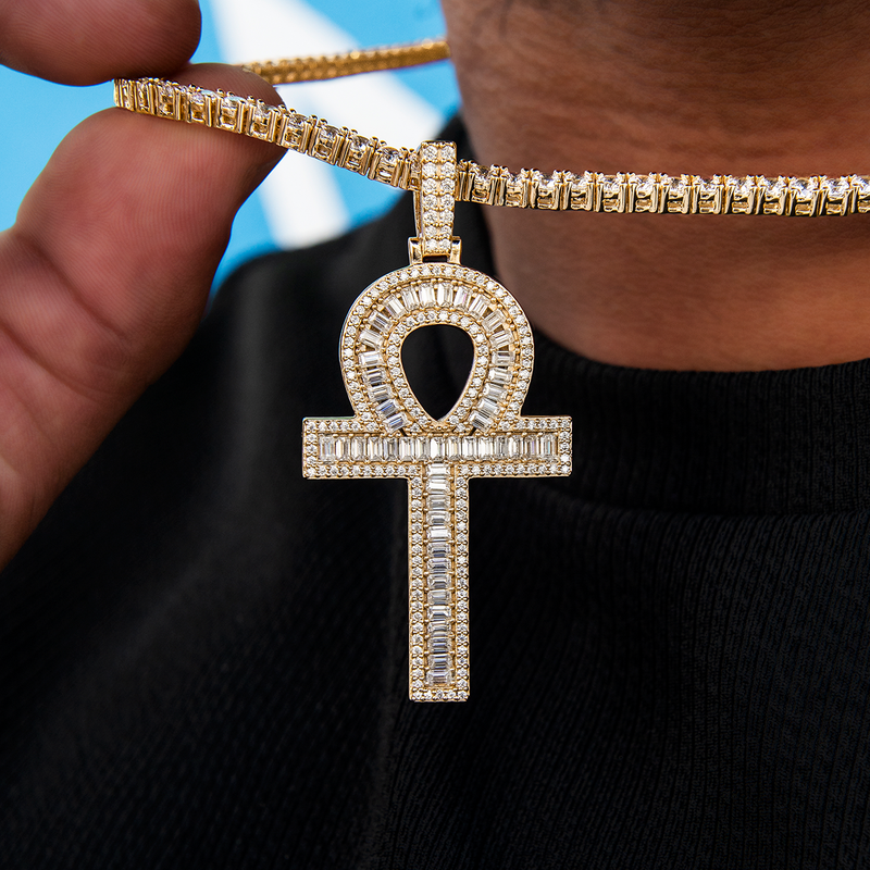 Men's Moissanite Ankh Cross Pendant in Yellow Gold Vermeil