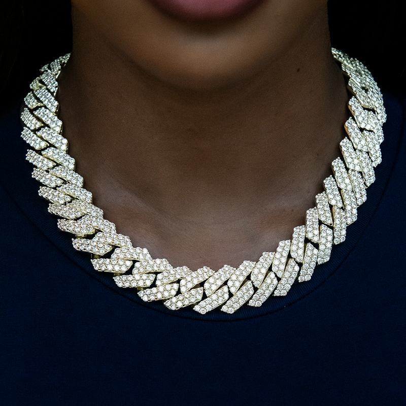 Diamond Prong Cuban Necklace in Yellow Gold- 19mm