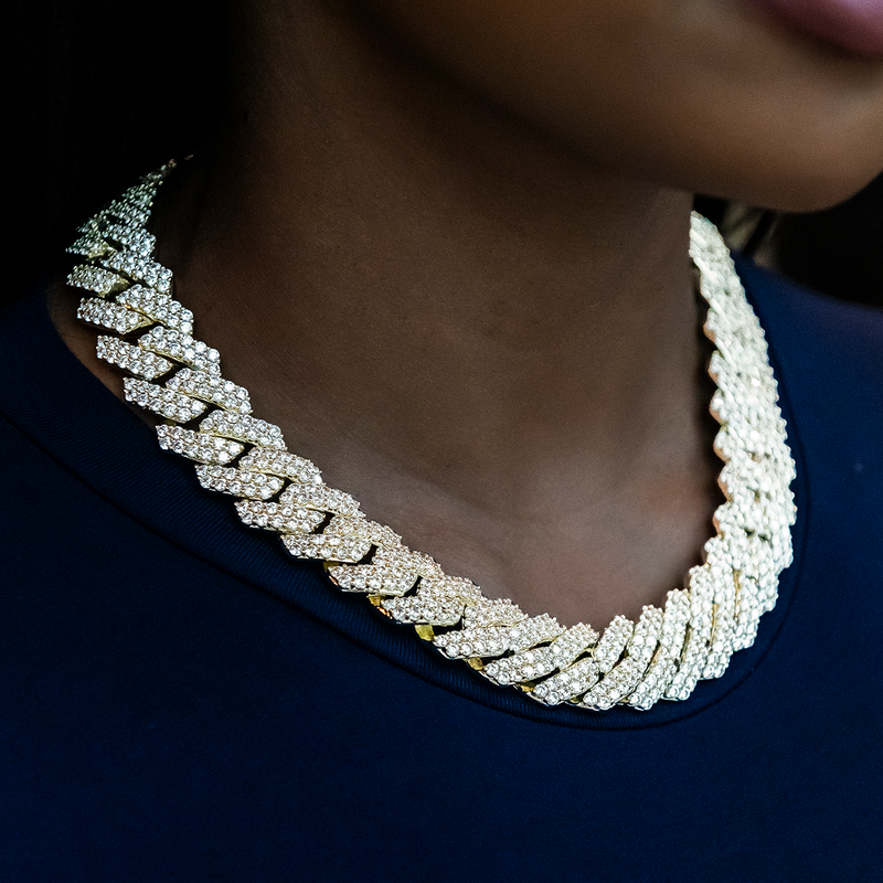 Diamond Prong Cuban Necklace in Yellow Gold- 19mm