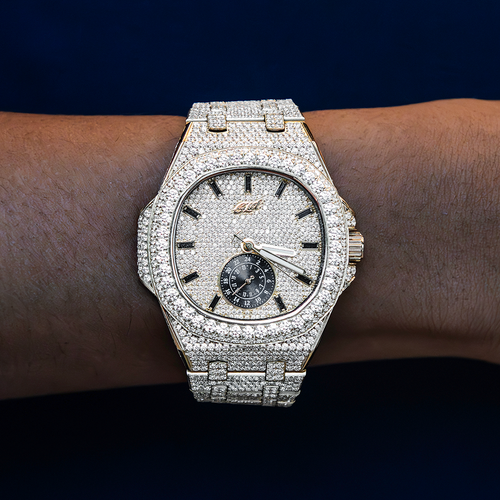 39MM Visionary Fully Iced Case & Steel Band Watch - Yellow Gold