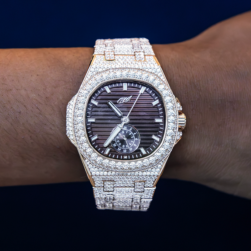 39MM Visionary Fully Iced Case & Chocolate Dial Watch - Rose Gold