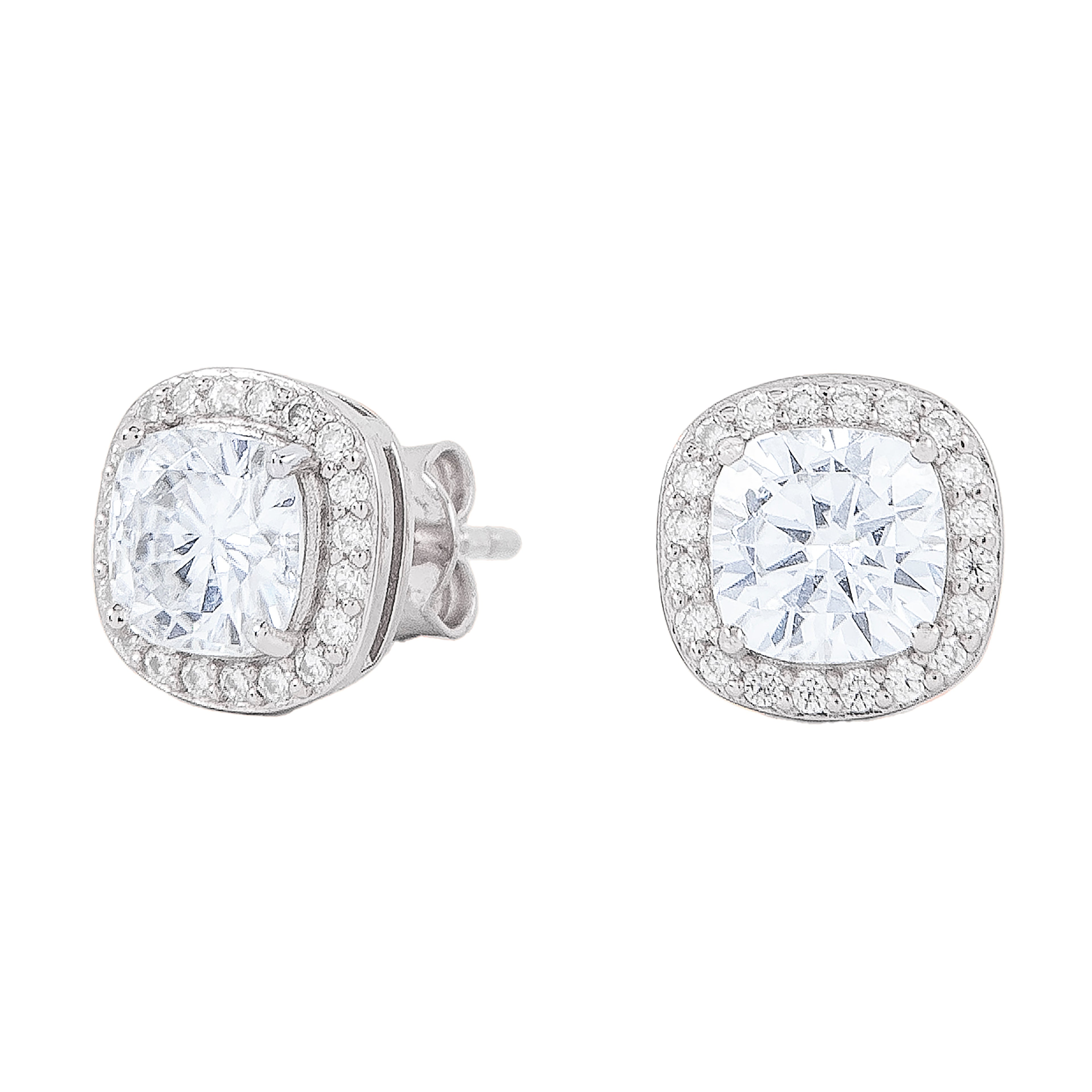 Cushion Cut Moissanite Earrings in White Gold Vermeil