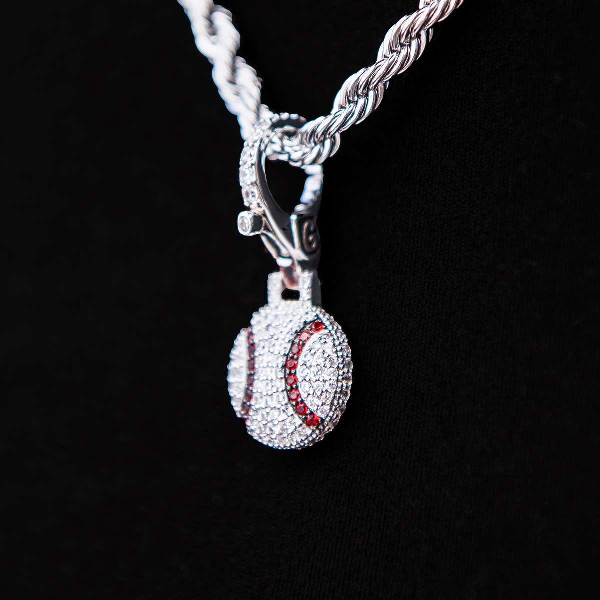 Iced Baseball Clip On Pendant - White Gold