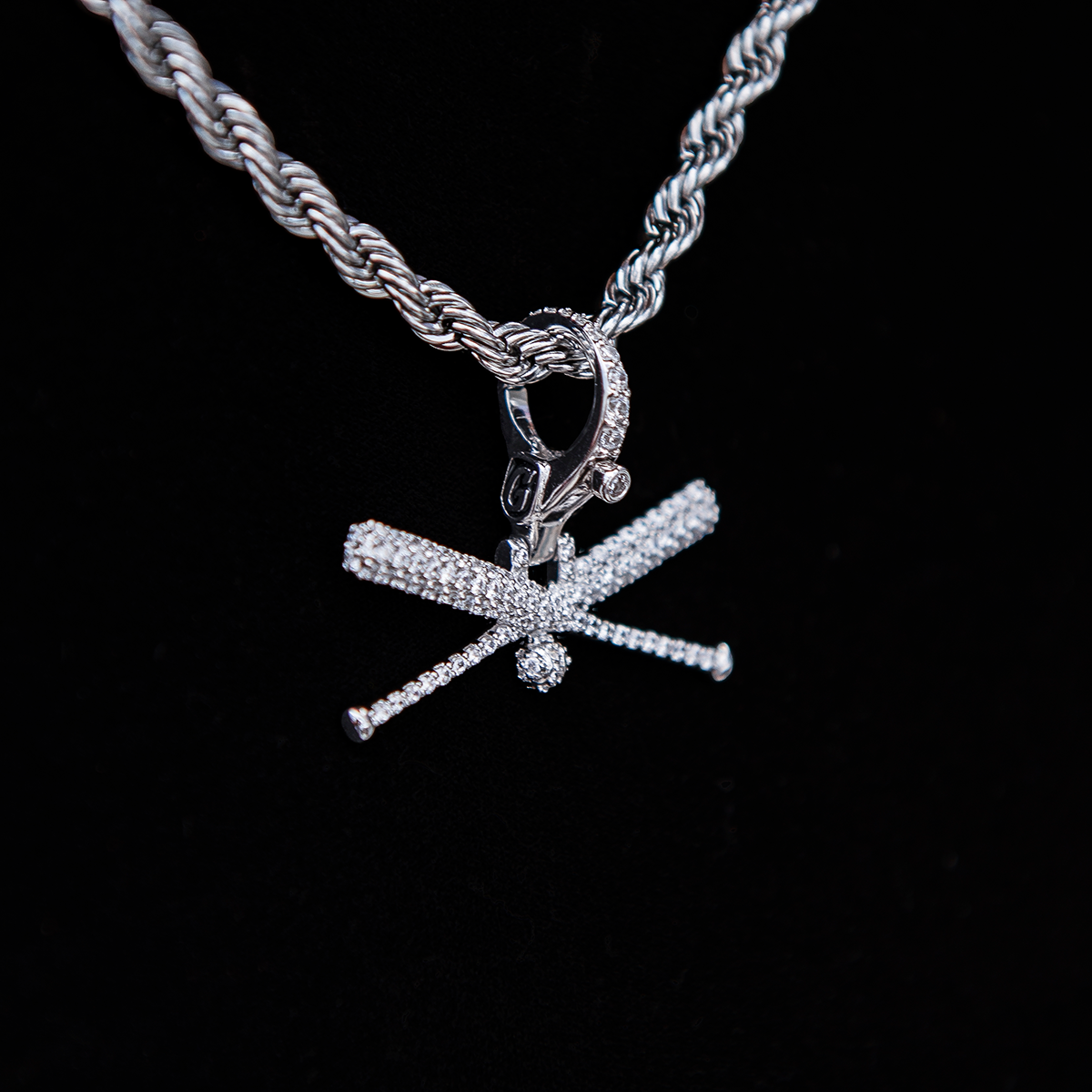 Iced Baseball Bat Clip On Pendant in White Gold