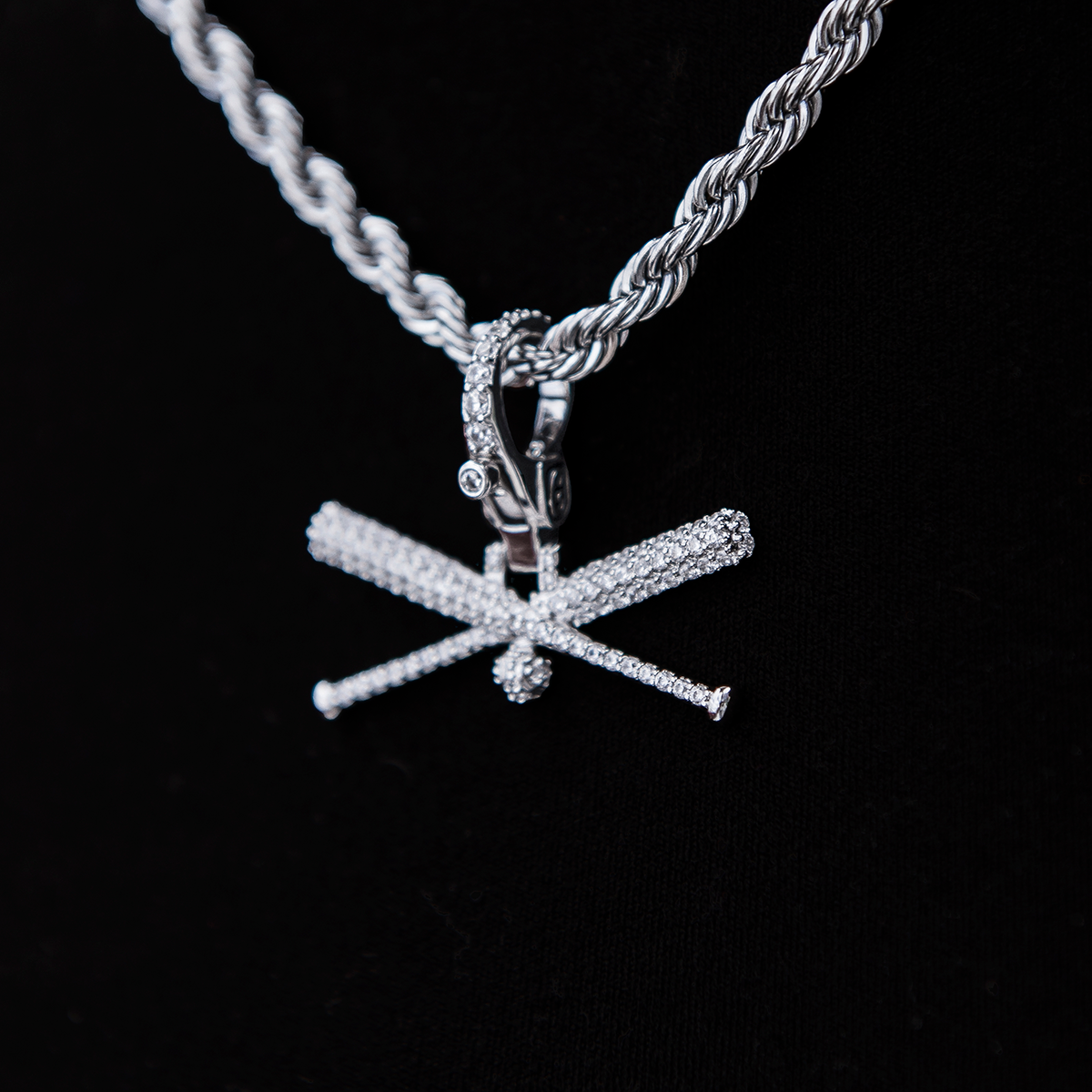 Iced Baseball Bat Clip On Pendant in White Gold