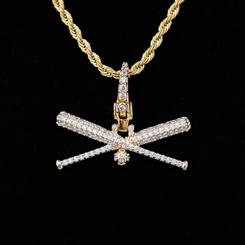 Iced Baseball Bat Clip On Pendant - Yellow Gold