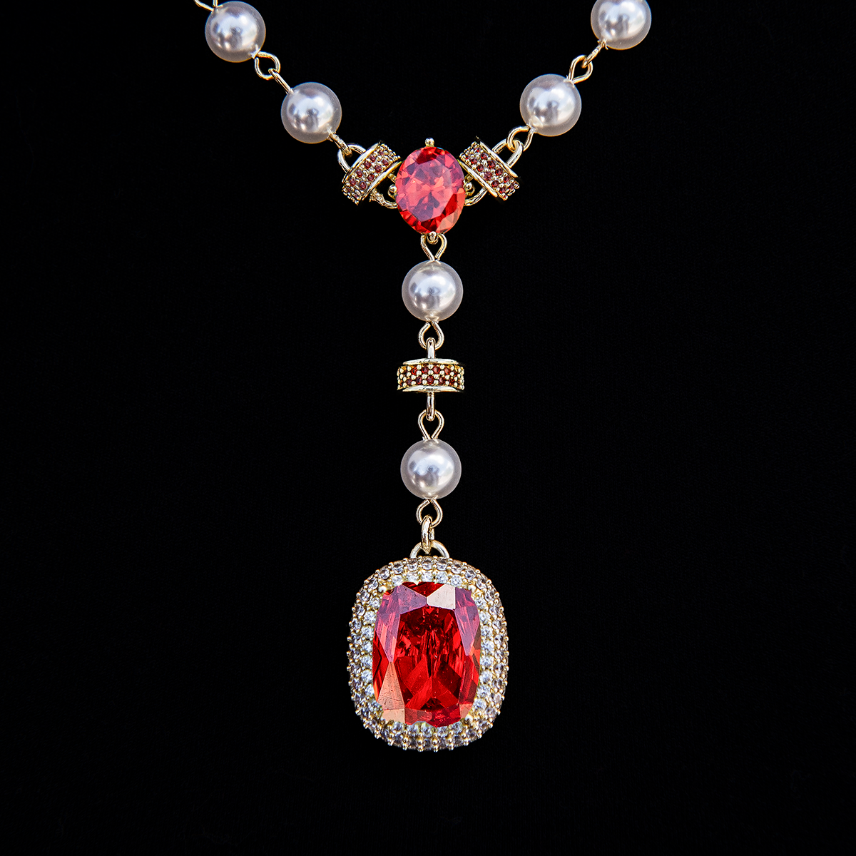 Pearl Ruby Gemstone Lariat Necklace in Yellow Gold