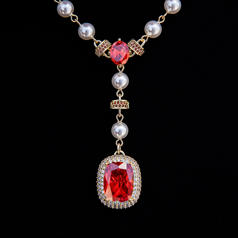 Pearl Ruby Gemstone Lariat Necklace in Yellow Gold