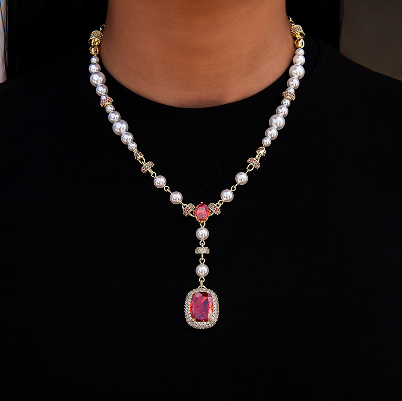Pearl Ruby Gemstone Lariat Necklace in Yellow Gold