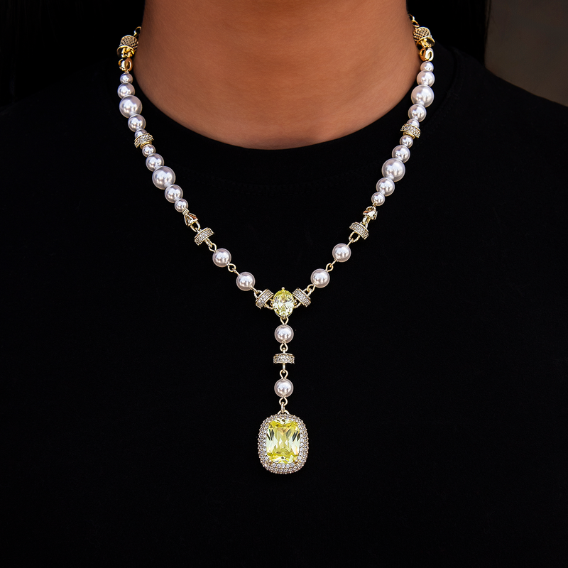 Pearl Canary Gemstone Lariat Necklace in Yellow Gold
