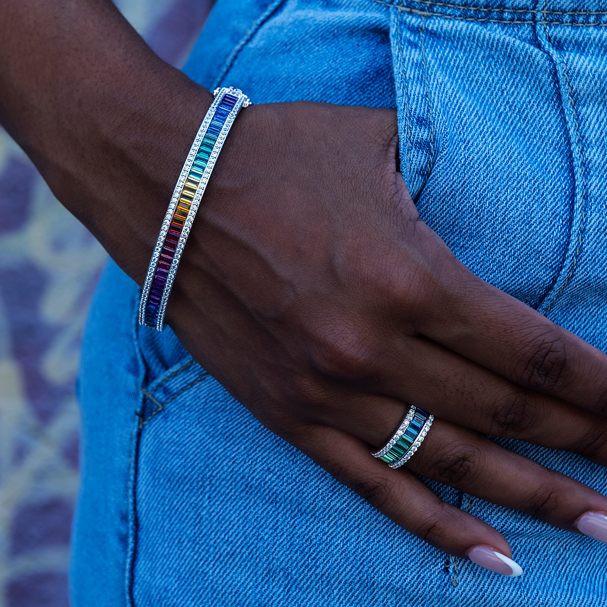 Iced Rainbow Bangle in White Gold