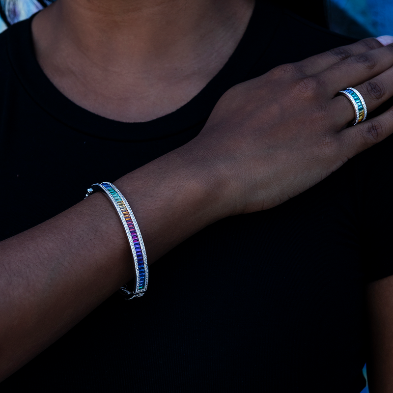 Iced Rainbow Bangle in White Gold