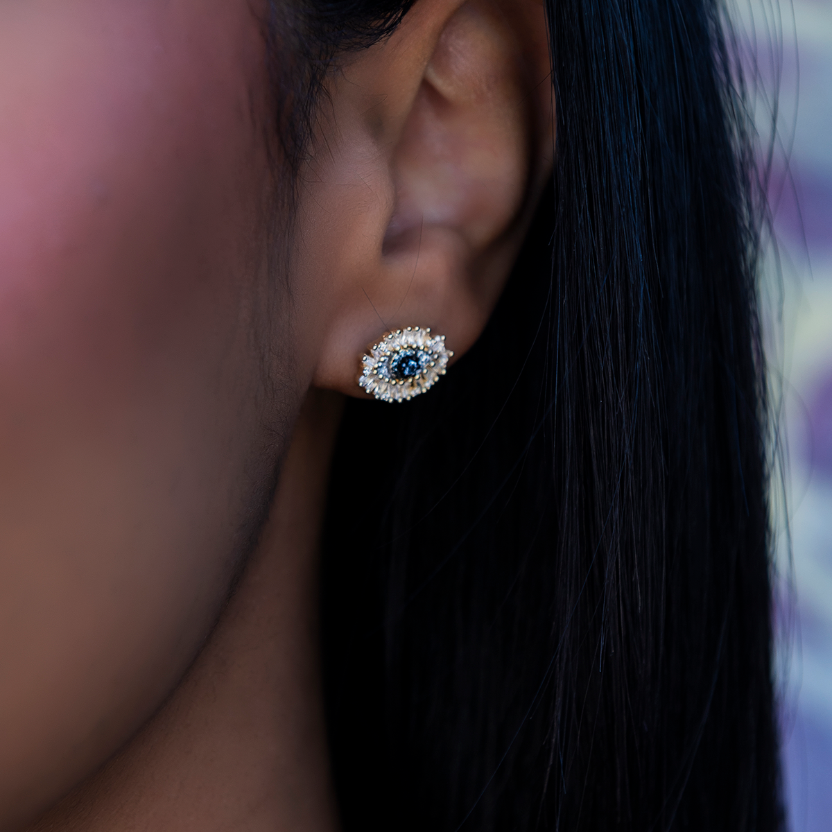 Iced Evil Eye Stud Earrings in Yellow Gold