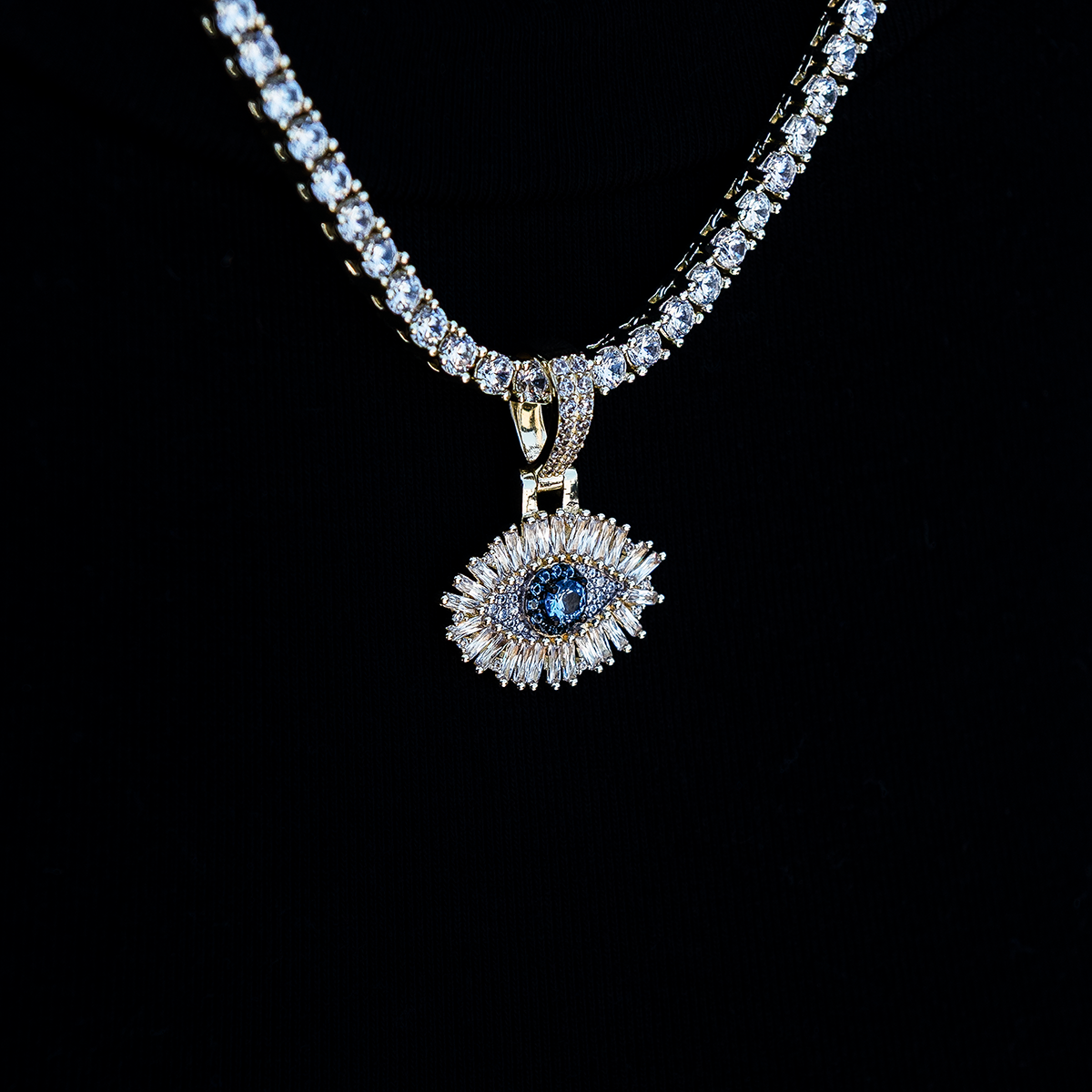 Iced Evil Eye Micro Pendant in Yellow Gold