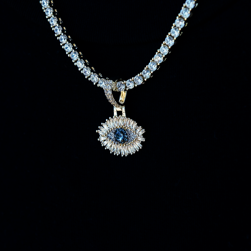 Iced Evil Eye Micro Pendant in Yellow Gold