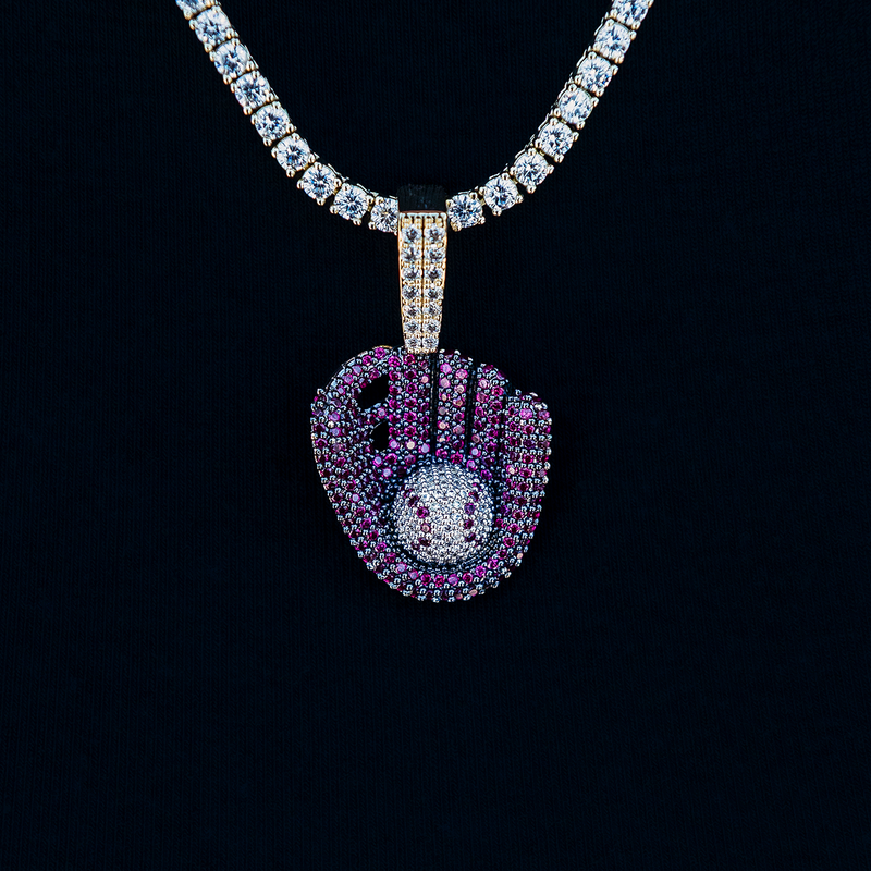 Iced Purple Baseball Pendant in Yellow Gold