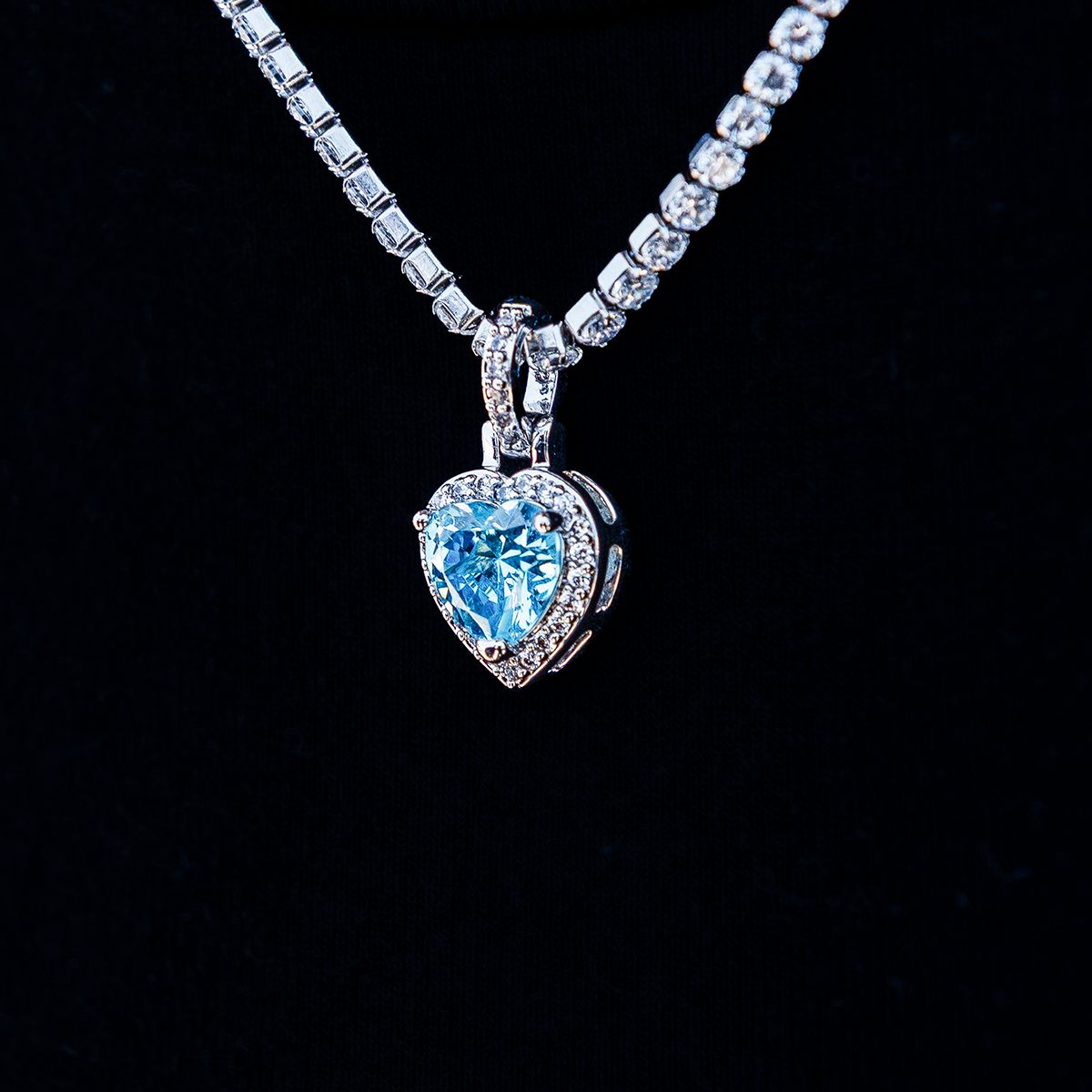 Micro Iced Blue Heart Pendant in White Gold