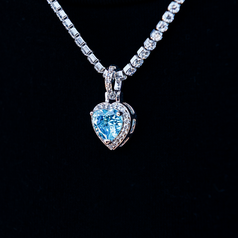 Micro Iced Blue Heart Pendant in White Gold