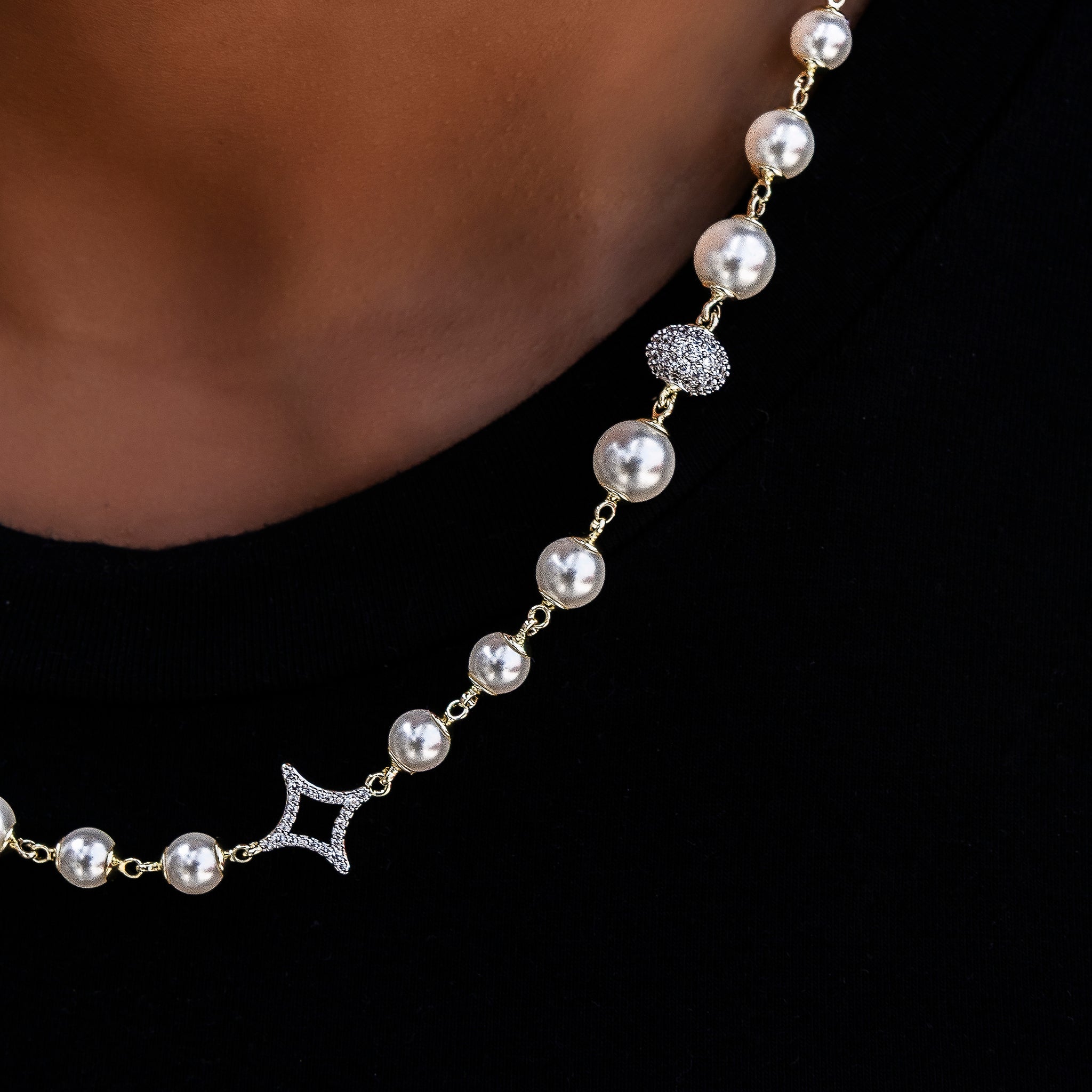 Iced Beaded Pearl Necklace in Yellow Gold