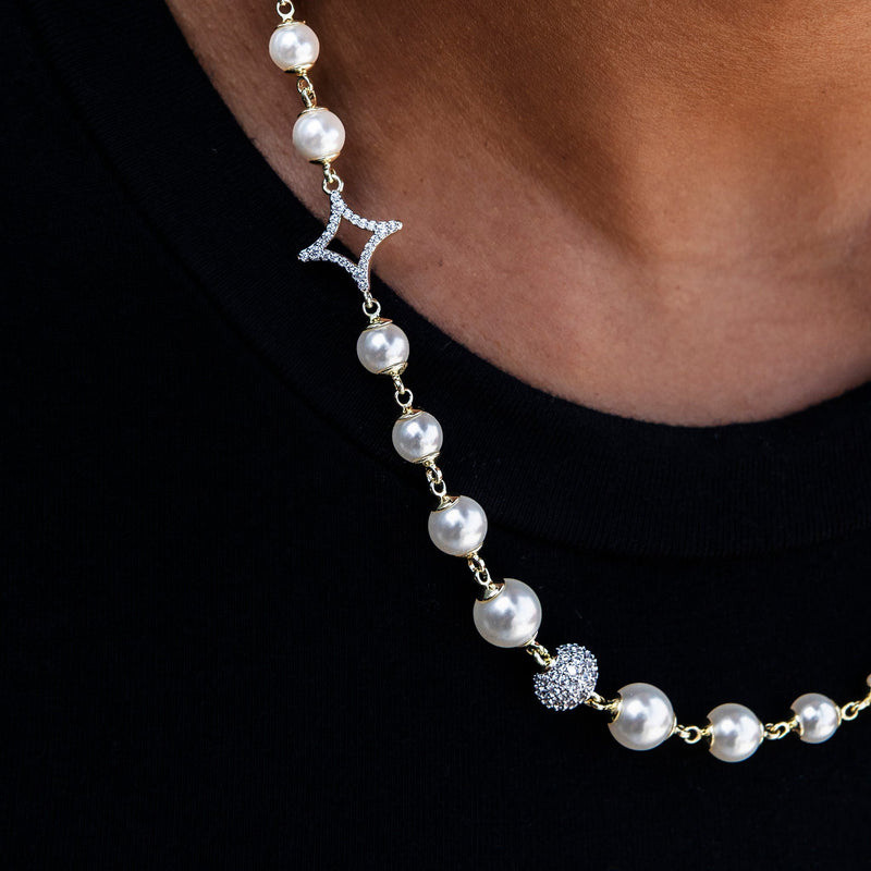 Iced Beaded Pearl Necklace in Yellow Gold