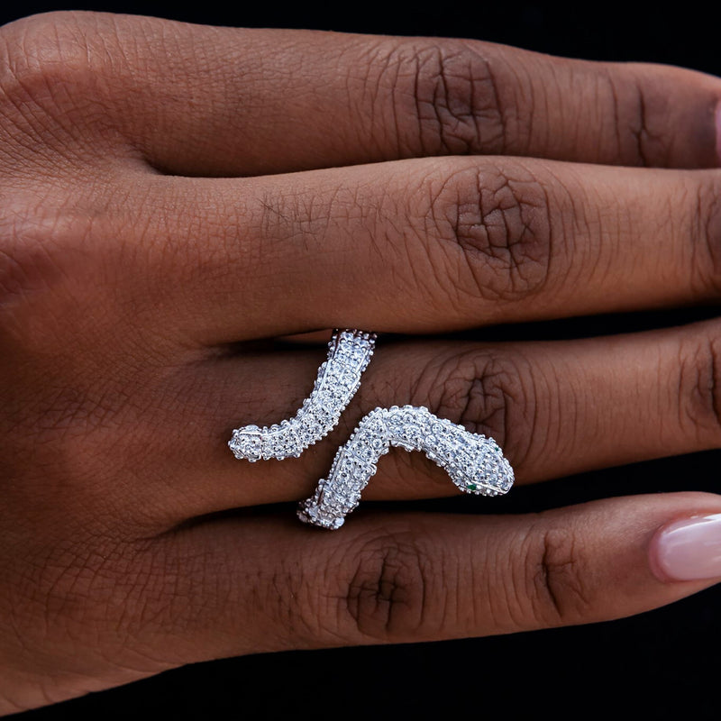 Iced Snake Wrap Ring in White Gold