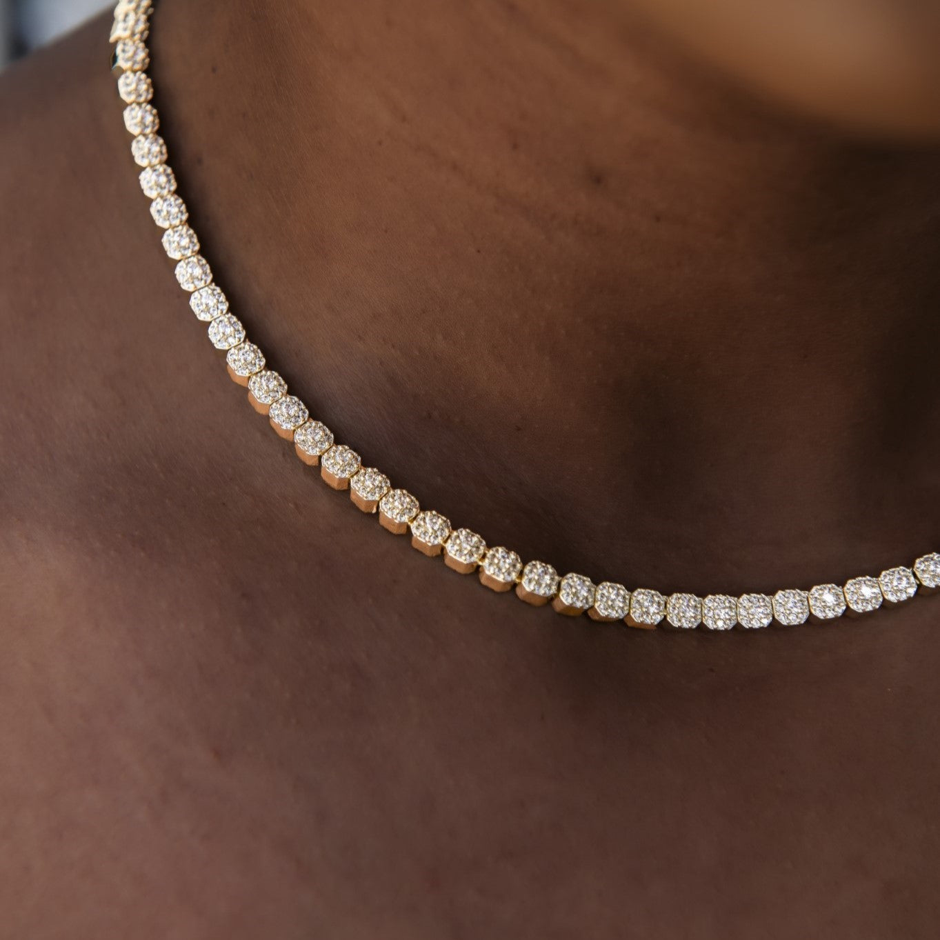 Iced Mini Clustered Tennis Necklace in Yellow Gold