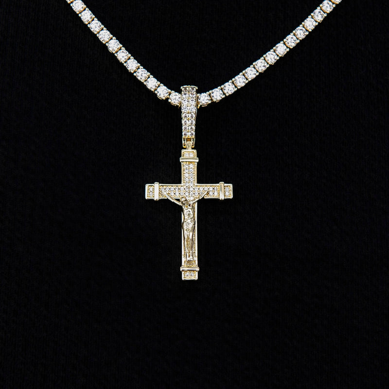 Iced Flat Crucifix Cross Pendant in Yellow Gold