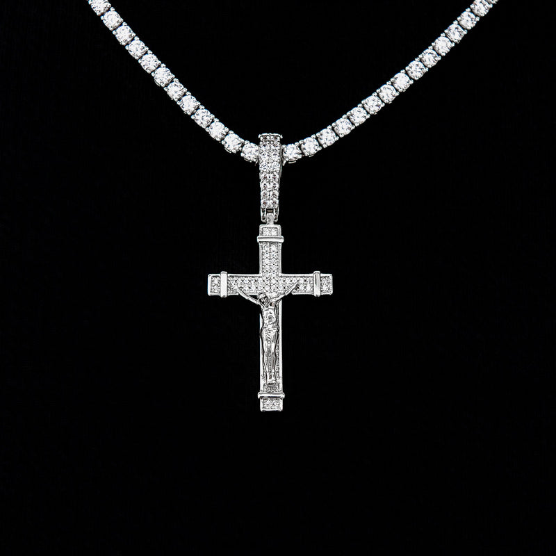 Iced Flat Crucifix Cross Pendant in White Gold