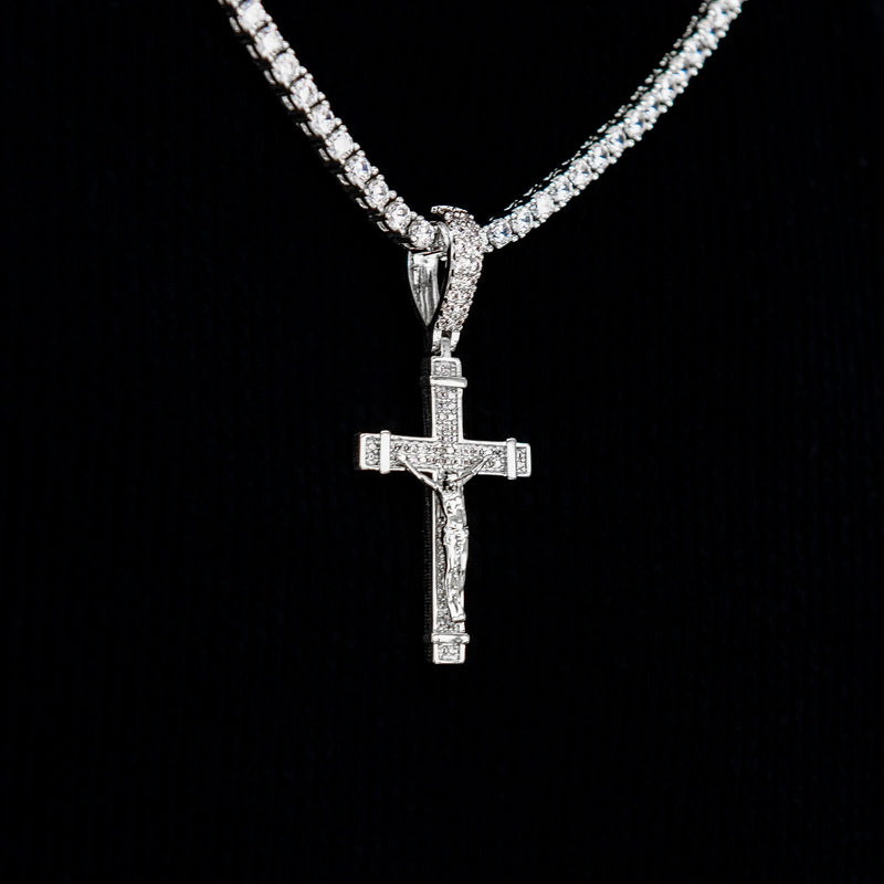 Iced Flat Crucifix Cross Pendant in White Gold