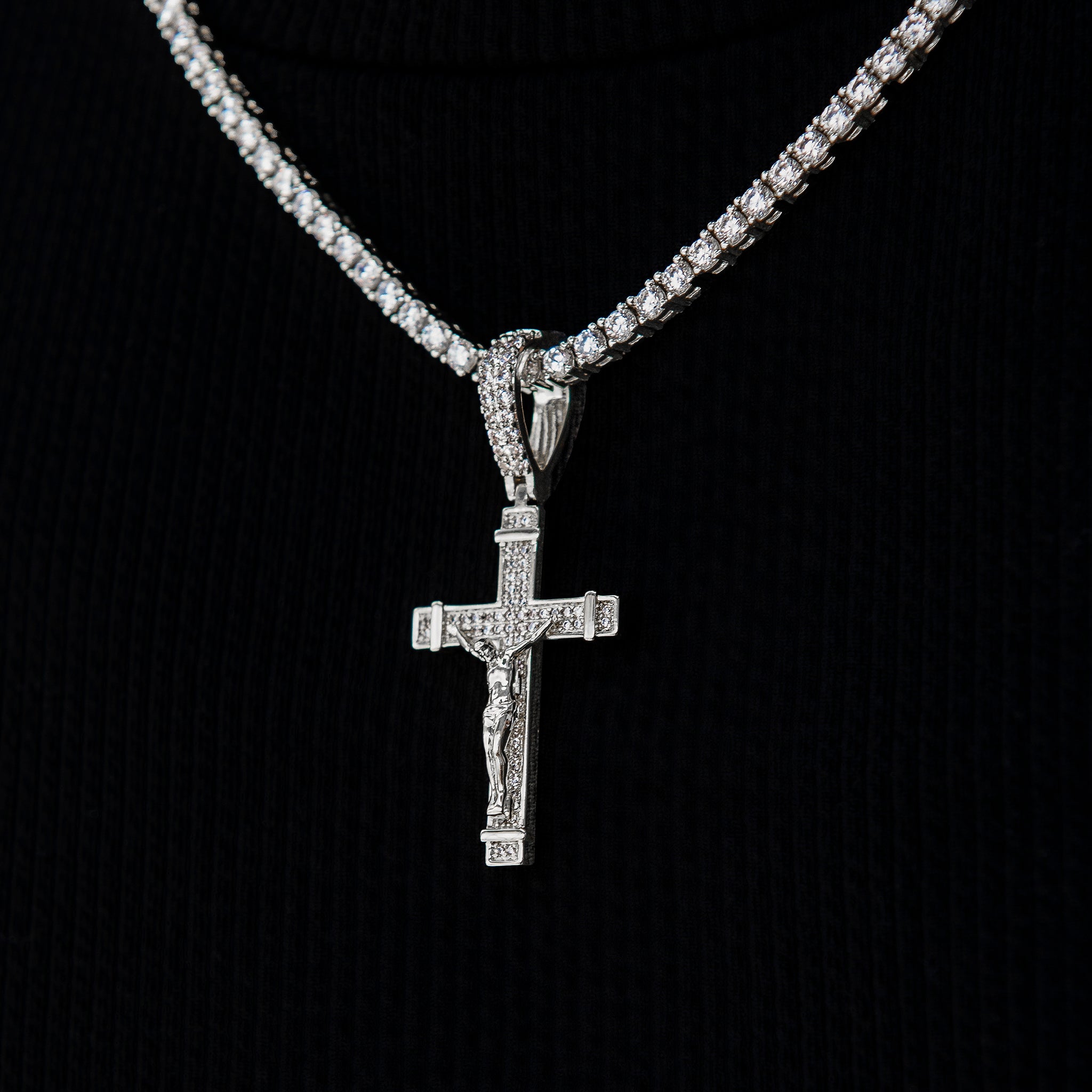 Iced Flat Crucifix Cross Pendant in White Gold