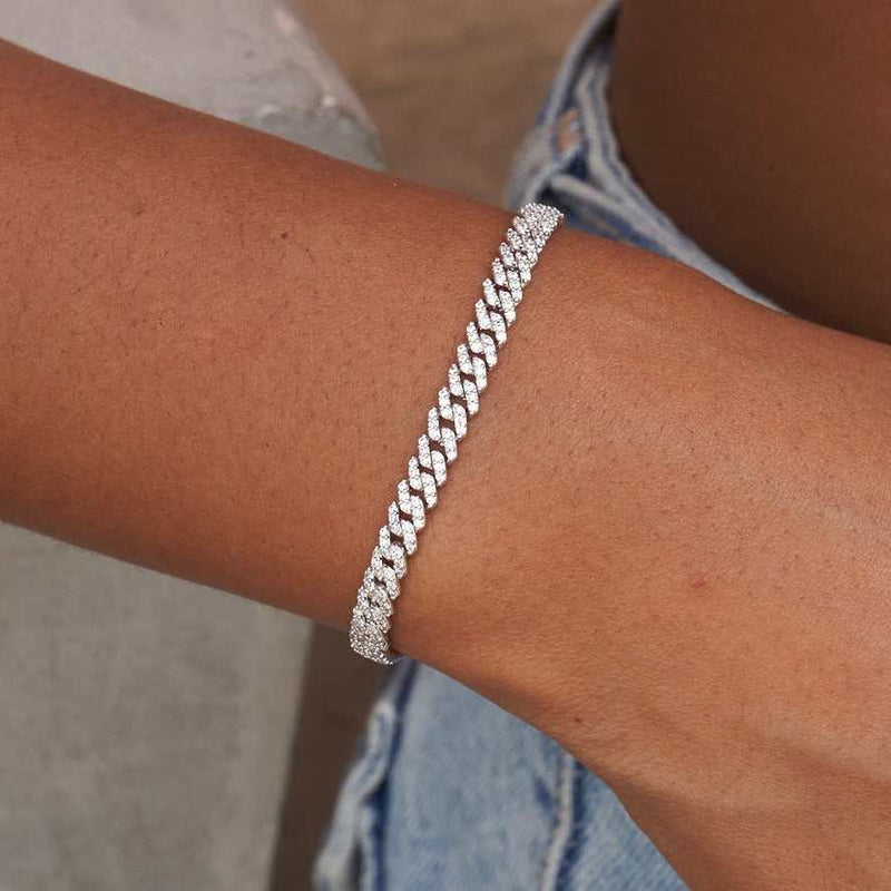 Women's 6MM Micro Diamond Prong Moissanite Cuban Bracelet in White Gold Vermeil