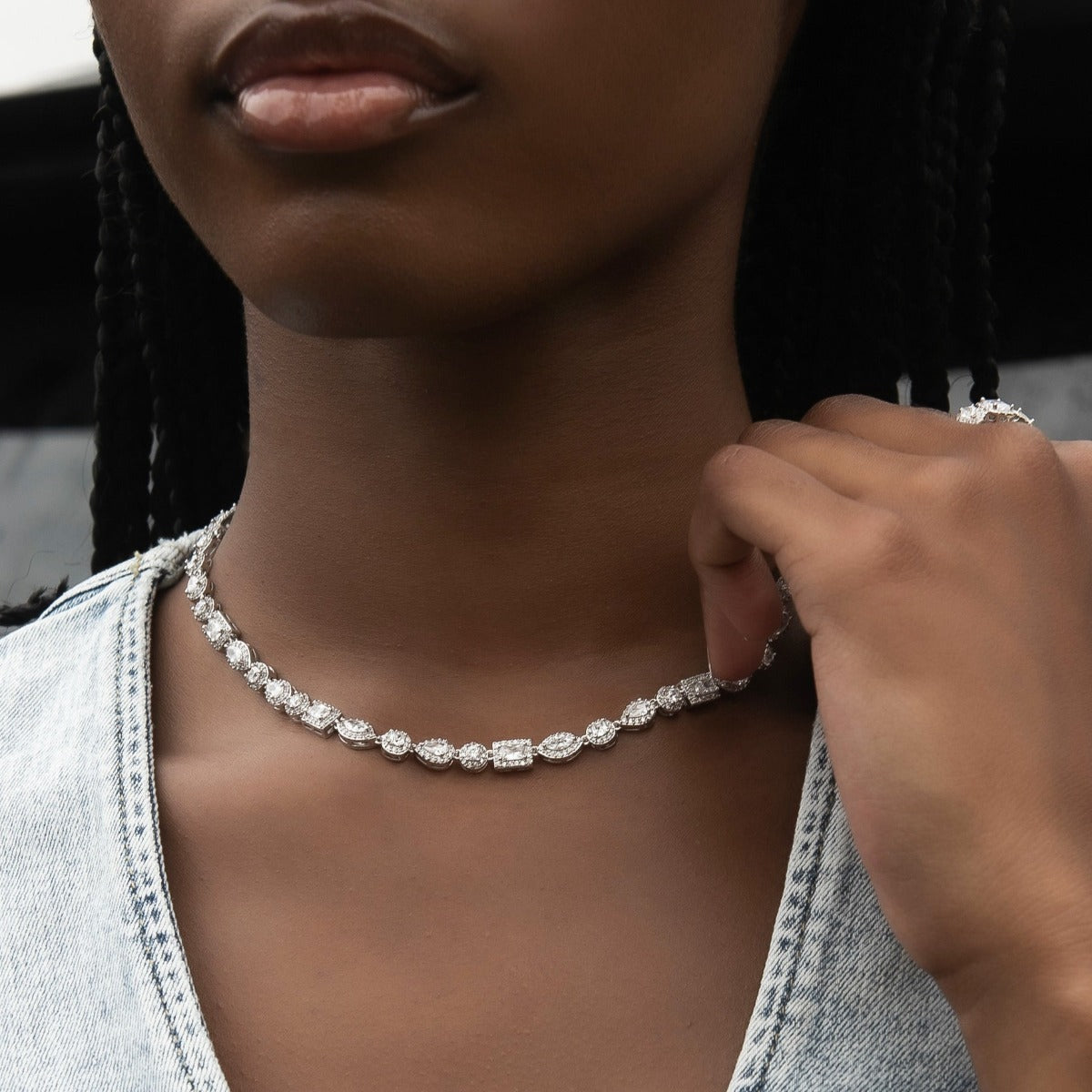 Mixed Diamond Pave Necklace in White Gold