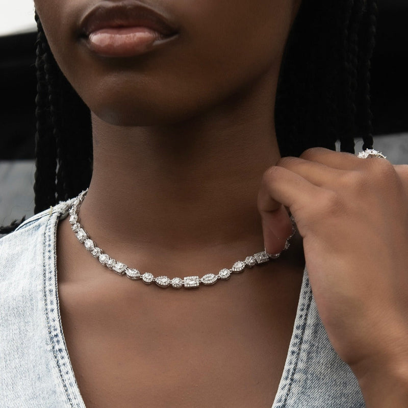 Mixed Diamond Pave Necklace in White Gold