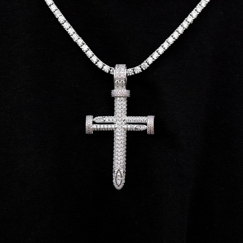 3mm Diamond Tennis Chain + 8.5mm Diamond Cuban Bracelet + Large Nail Cross Bundle- White Gold