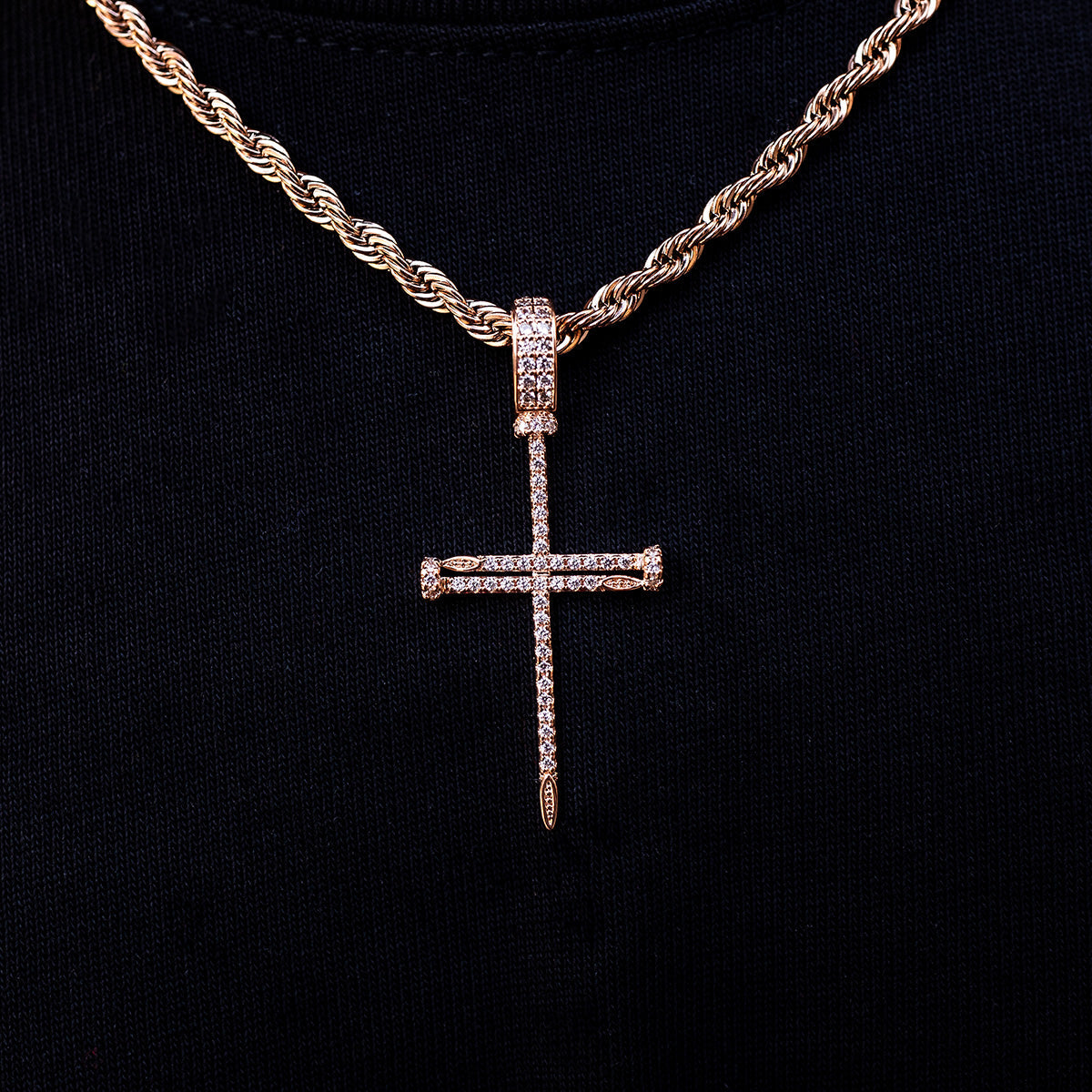 Iced Nail Cross Pendant in Rose Gold