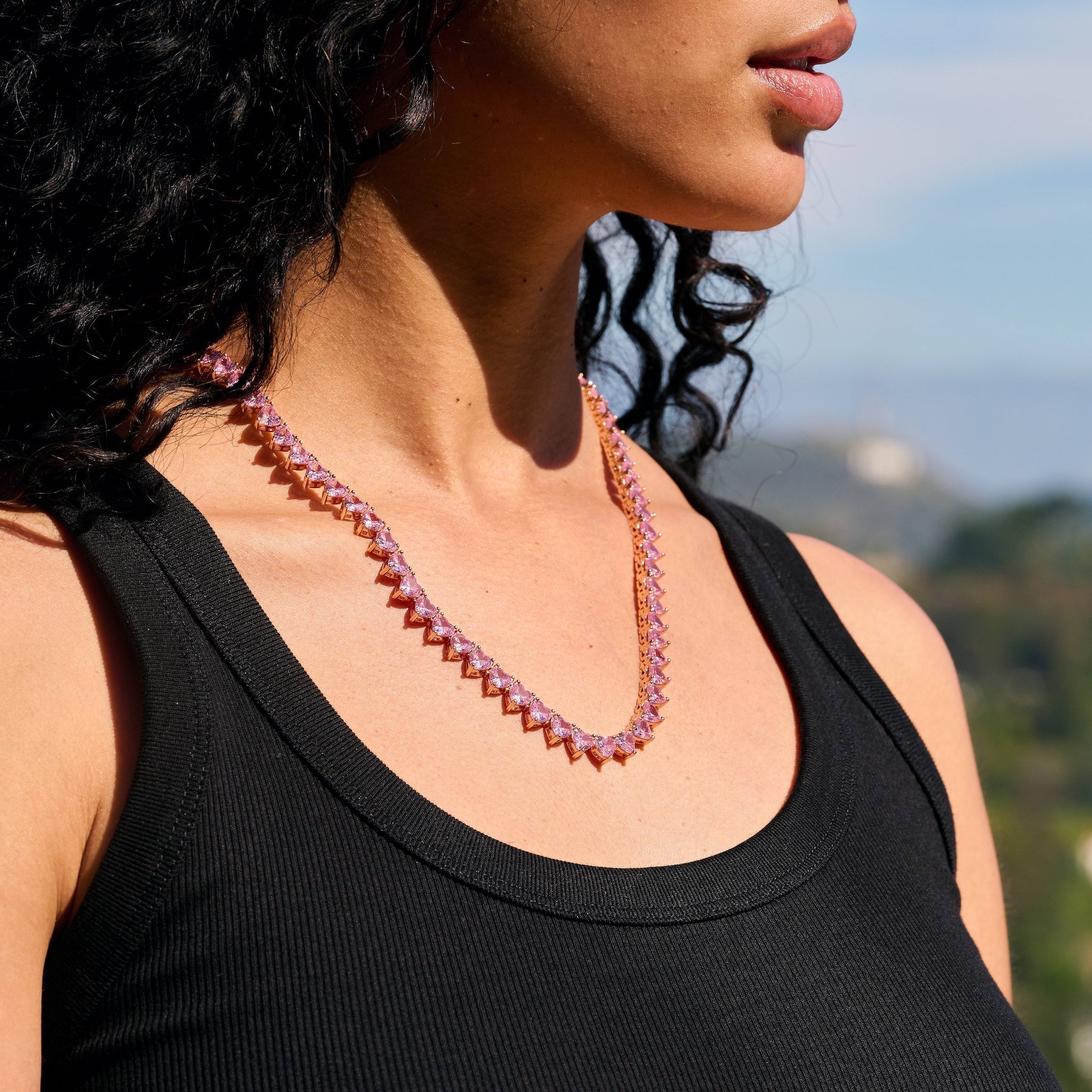 Pink Heart Diamond Tennis Necklace in Rose Gold - 6mm
