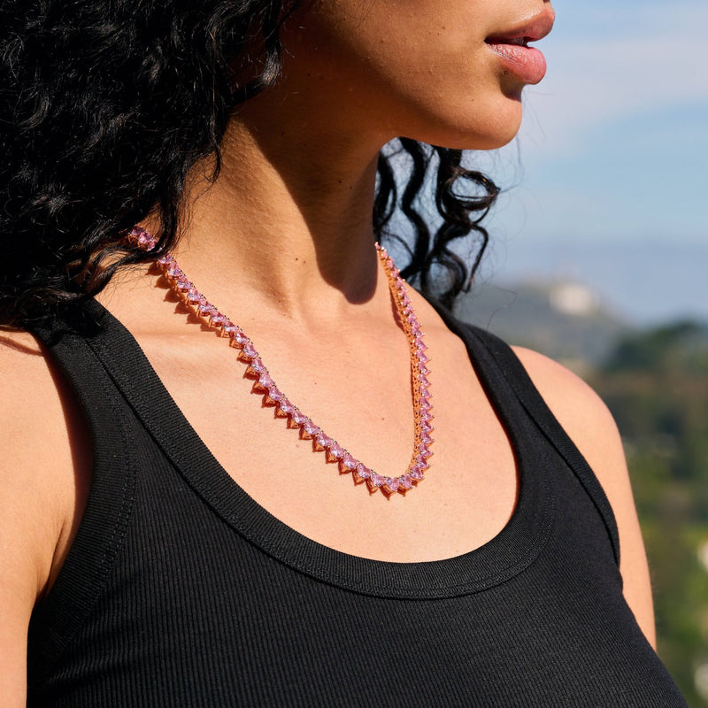 Pink Heart Diamond Tennis Necklace in Rose Gold - 6mm