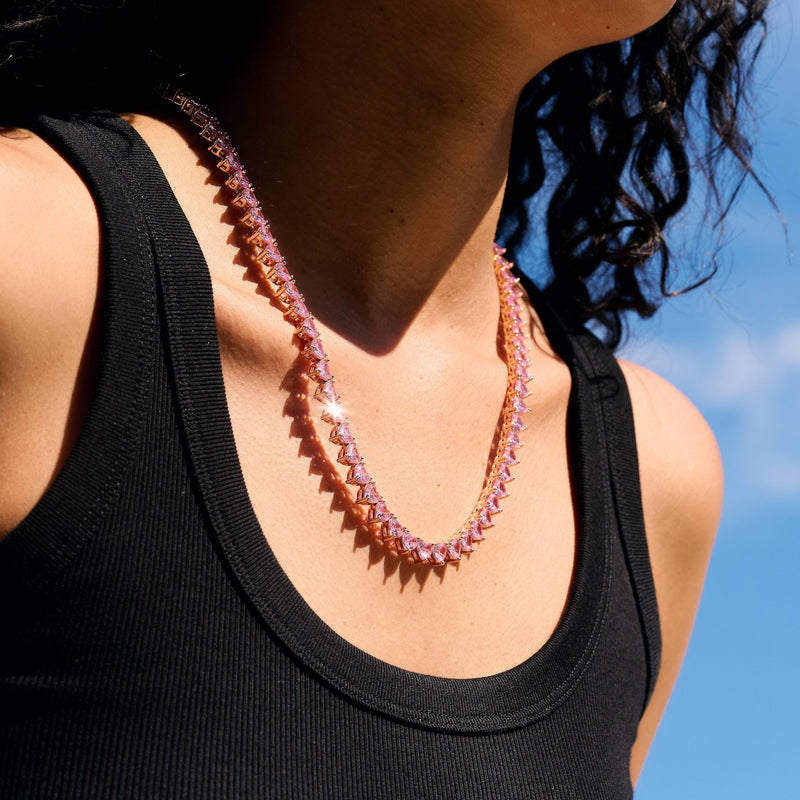 Pink Heart Diamond Tennis Necklace in Rose Gold - 6mm