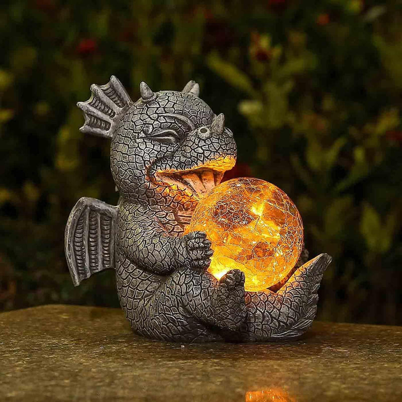 Garden Solar Dragon Statue Cute and Hold Glowing Glass Ball Resin Sculpture