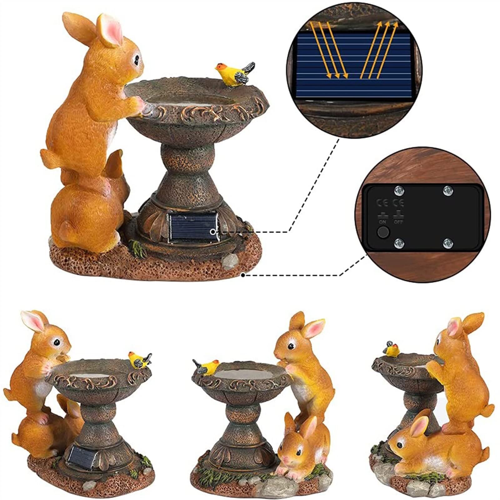 Luci solari per statue da bagno per uccelli e conigli per decorazioni da giardino e prato 