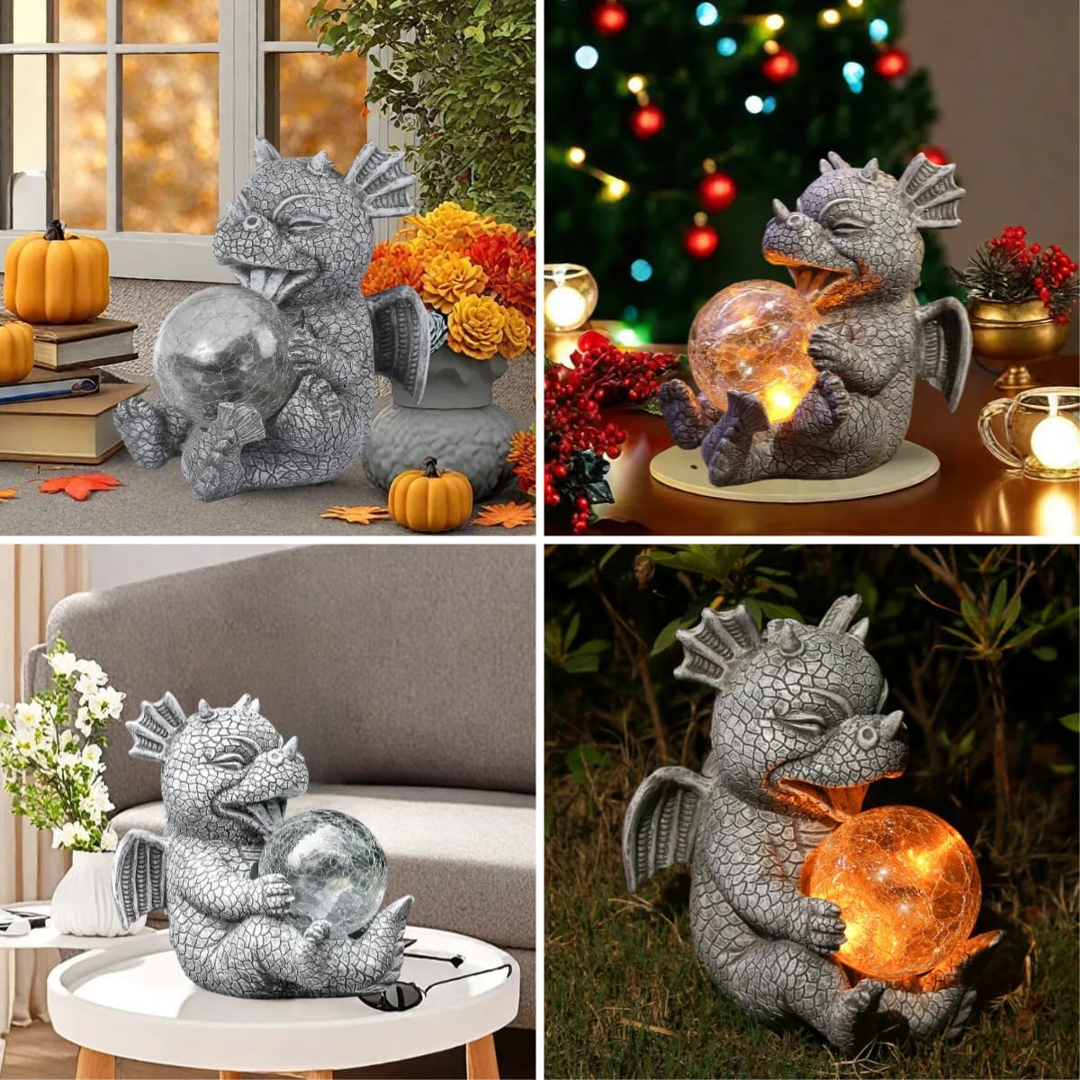 Garden Solar Dragon Statue Cute and Hold Glowing Glass Ball Resin Sculpture