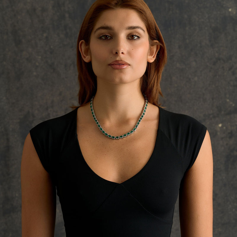 Emerald Cushion Cut Tennis Chain Necklace in White Gold - 7mm