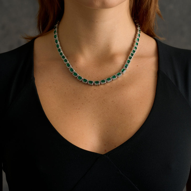 Emerald Cushion Cut Tennis Chain Necklace in White Gold - 7mm