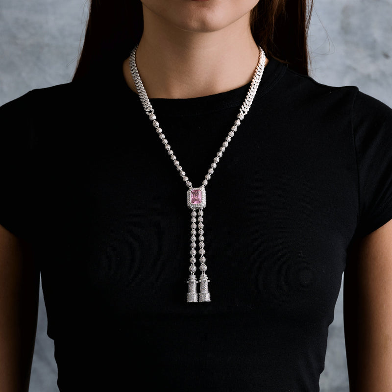 Pink Iced Rock Adjustable Cloister Chain Necklace in White Gold