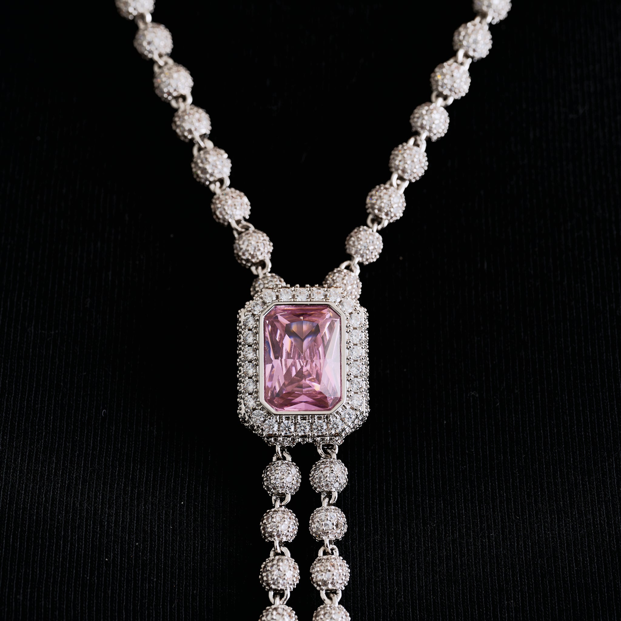 Pink Iced Rock Adjustable Cloister Chain Necklace in White Gold