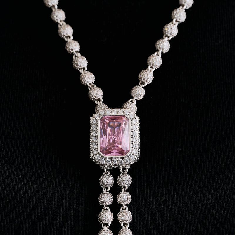 Pink Iced Rock Adjustable Cloister Chain Necklace in White Gold