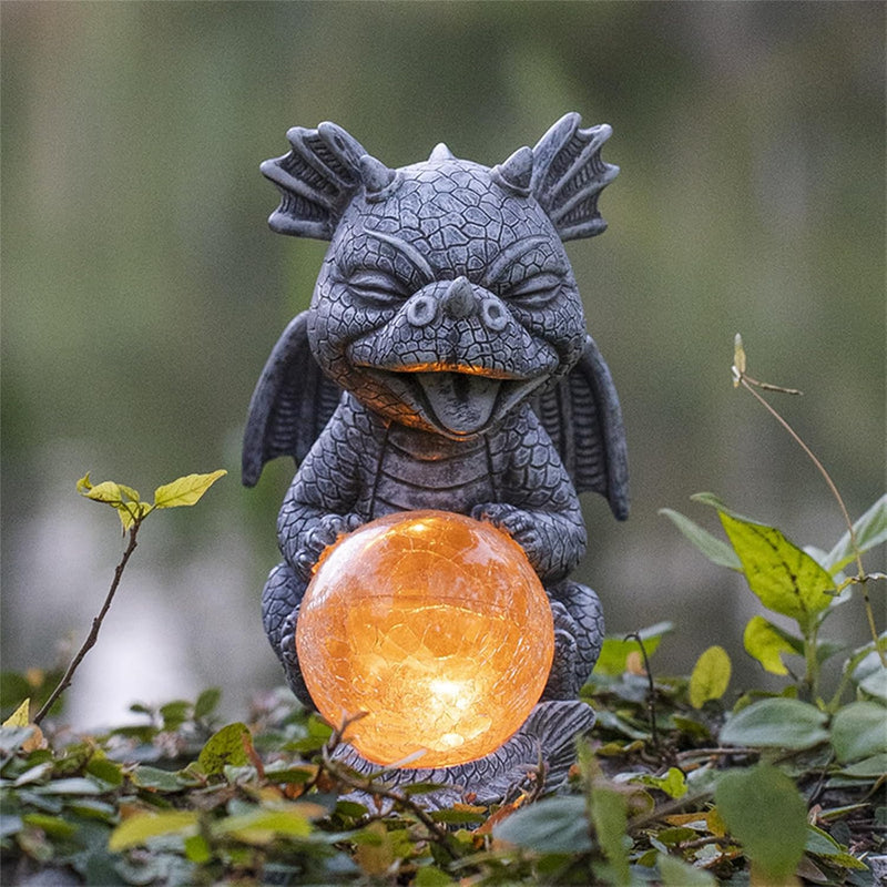 Garden Solar Dragon Statue Cute and Hold Glowing Glass Ball Resin Sculpture