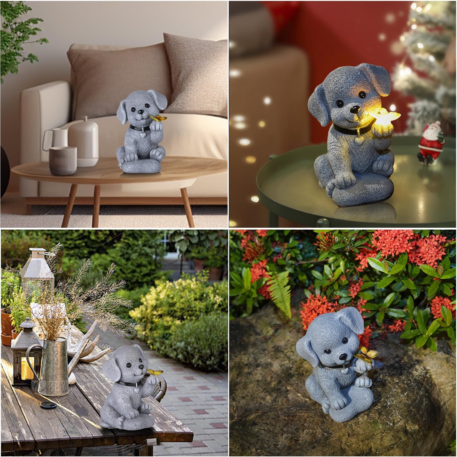Outdoor Puppy Ornaments Solar Animal Statues with Butterfly Light
